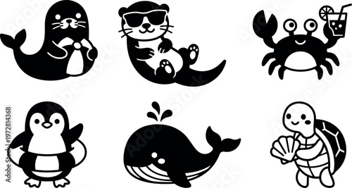 Black and white cute sea animals collection with drinks and shells