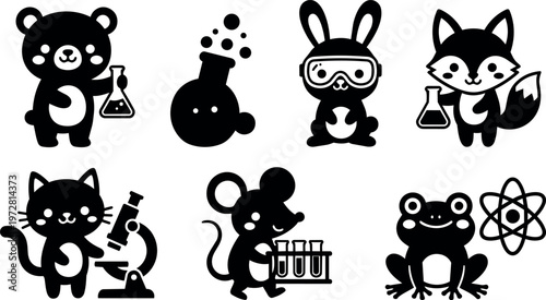 Cute black and white animal scientists holding laboratory equipment vector art