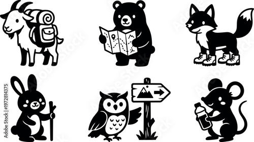 Black and white hiking animals with map sign and water bottle vector art