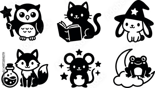 Black and white magical animals including owl with wand cat reading book witch bunny fox with potion mouse with stars frog on moon
