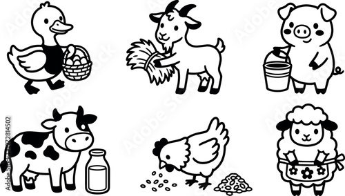 Black and white line art farm animals with baskets milk and feed