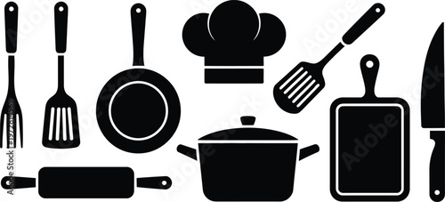 Collection of essential kitchen cooking utensils and chef accessories
