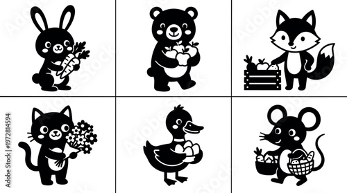 Black and white cute animals holding vegetables and flowers vector art