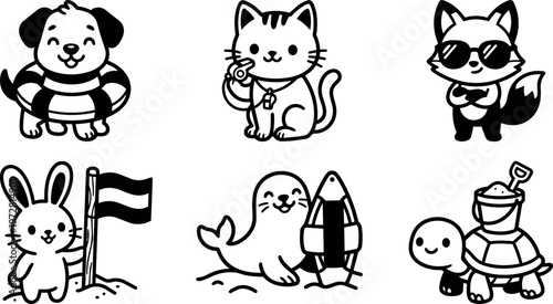 Black and white cartoon animals with summer beach accessories smiling