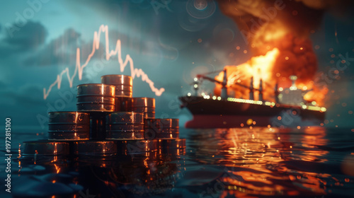 global energy crisis and oil market volatility caused by Middle East conflict. Industrial oil barrels with graph chart arrow symbolizing oil prices.	
