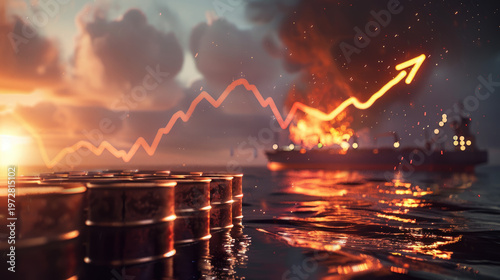 global energy crisis and oil market volatility caused by Middle East conflict. Industrial oil barrels with graph chart arrow symbolizing oil prices.	