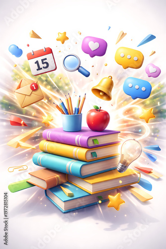 Creative Education Explosion Concept with Books and School Supplies Illustration