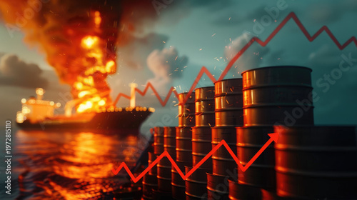 global energy crisis and oil market volatility caused by Middle East conflict. Industrial oil barrels with graph chart arrow symbolizing oil prices.	