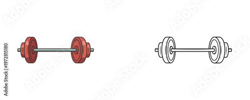 Adjustable metal barbell cartoon illustrations in red and black line art styles used for powerlifting and weightlifting exercises represents gym equipment on white background
