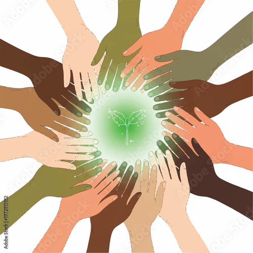 Diverse hands join around a glowing green tree symbolizing unity and harmony.