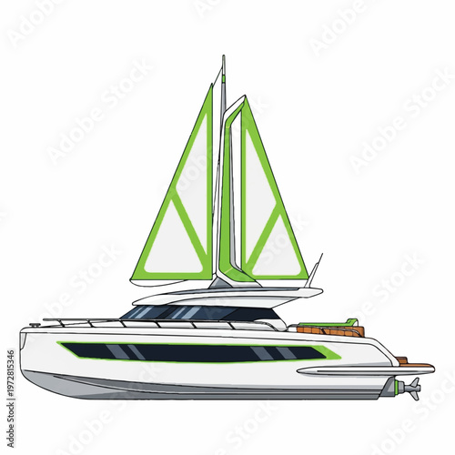 A sleek catamaran sails across calm waters with vibrant green sails.