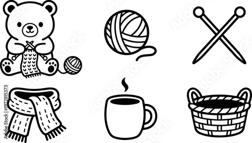 Bear knitting scarf with yarn and knitting needles