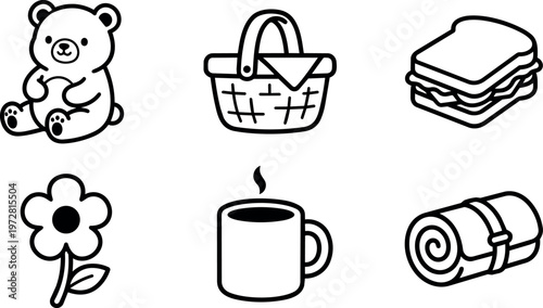 Black and white line art teddy bear picnic basket sandwich flower coffee mug and rolled blanket