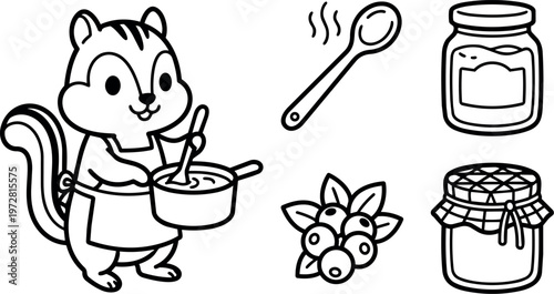 Black and white line art chipmunk cooking with pot spoon and jam jars