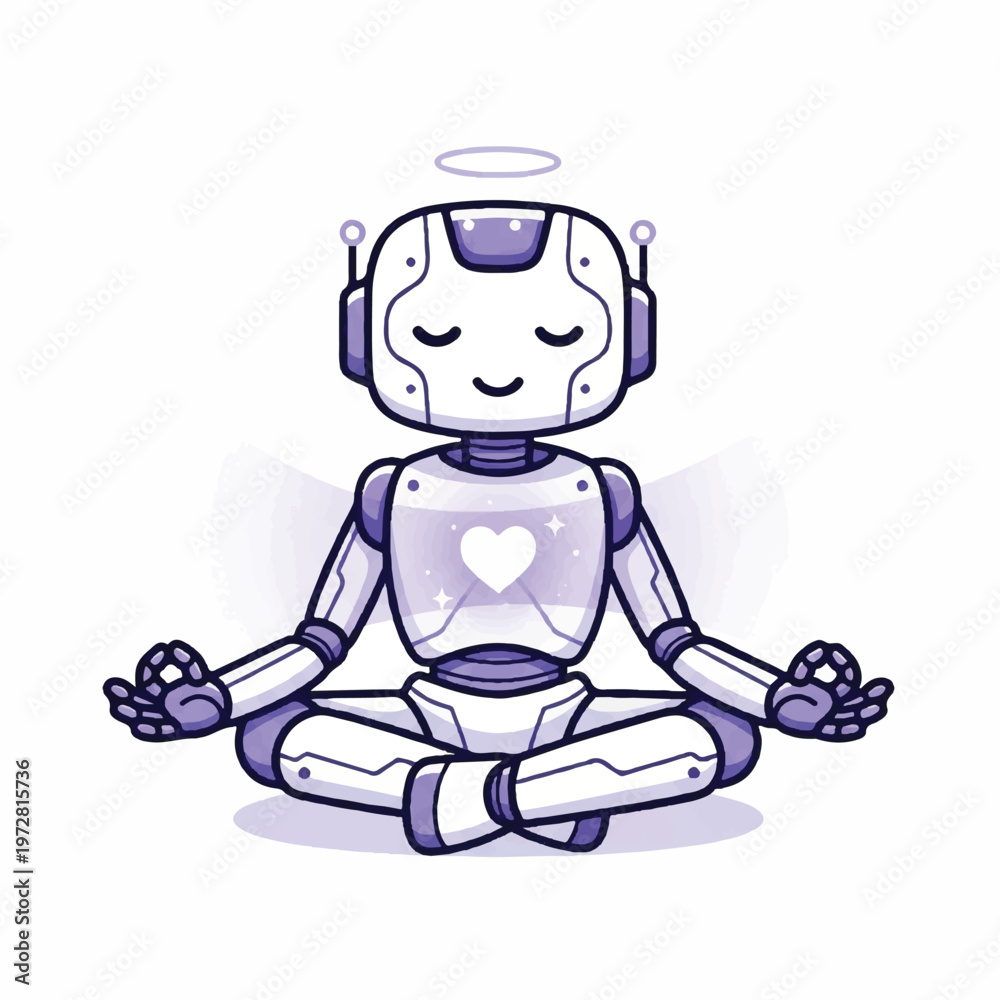 Fototapeta premium A meditating robot with a heart on its chest sits cross-legged in lotus position.