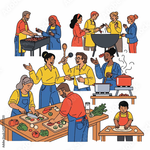 People from different cultures cooking and preparing food together outdoors