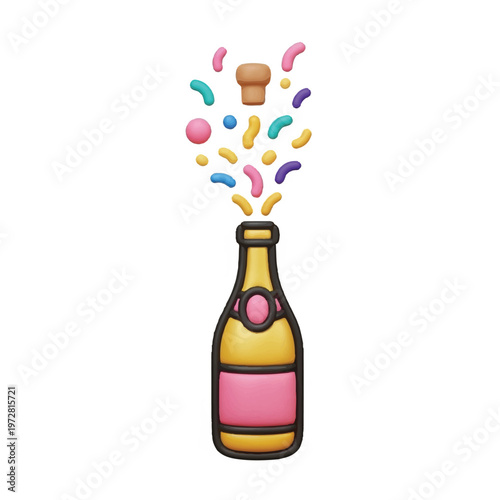 A champagne bottle bursts open with colorful confetti and cork flying out.