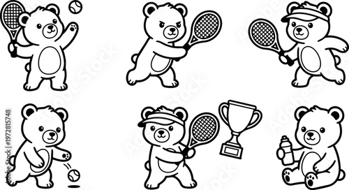 Black and white line art bears playing tennis with rackets balls and trophy