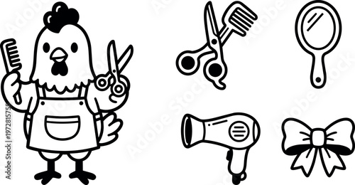 Cartoon chicken barber holding scissors and comb with hairdressing tools line art