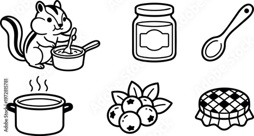 Black and white chipmunk stirring pot with blueberries jar and spoon line art