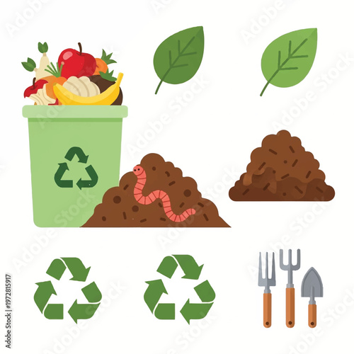 Composting food waste in a green recycling bin produces nutrient rich soil with worms.