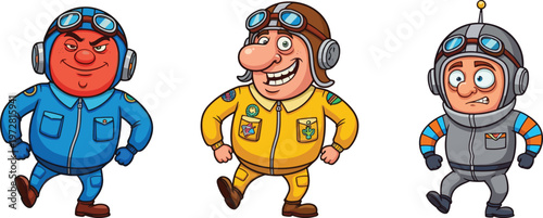 Cartoon pilot characters, funny aviator men, comic airplane crew, animated flight crew, retro aviation pilots, humorous cartoon pilots