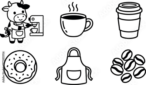 Black and white vector art coffee cow barista cup donut apron coffee beans