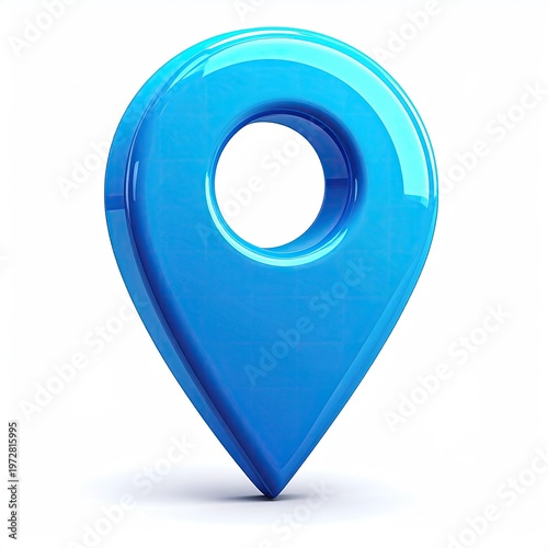 Glossy blue map pointer illustration with central hole a location icon for navigation apps and destination services rendered on a clean white backdrop