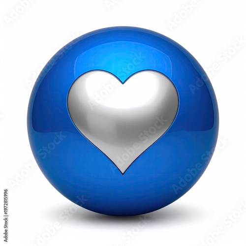 Glossy blue orb featuring a polished silver heart in a 3D render perfect for digital love and social media icons and design element