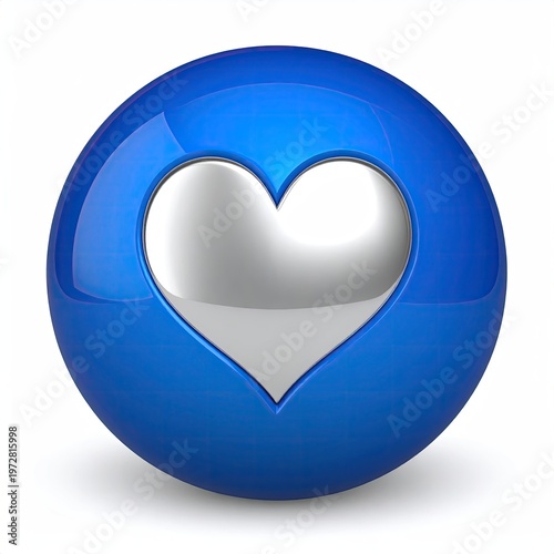 Glossy blue orb with a silver heart cutout creating a modern 3D render design element for digital graphics and symbolic art with vibrant color