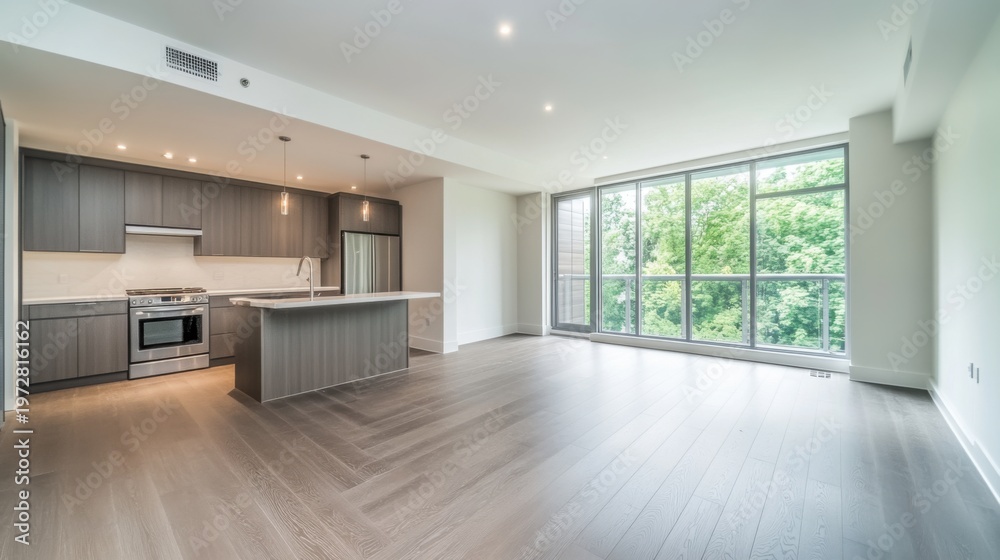 Fototapeta premium Spacious Open-Concept Apartment Living Dining Area With Large Windows