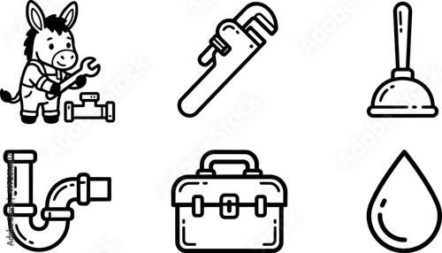 Black and white plumbing wrench plunger toolbox pipe vector art set