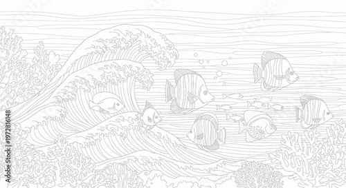 Fish School Swimming Ocean Water.