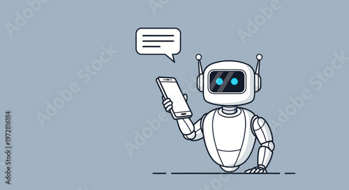 Robot Holding Smartphone with Speech Bubble.