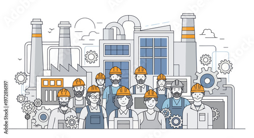 Industrial workers in hard hats standing.