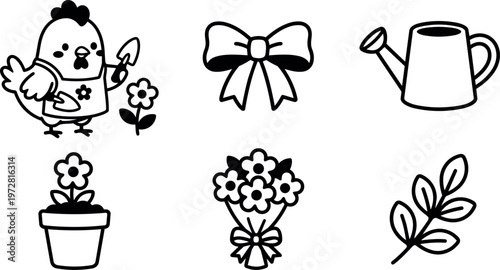 Chicken gardening with flowers watering can and bow