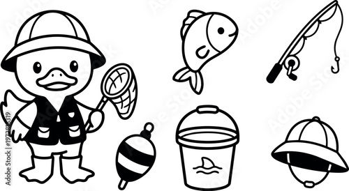 Duck fishing with net bucket hat and fishing rod