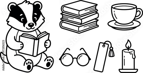 Badger reading book with stack of books teacup glasses candle and bookmark