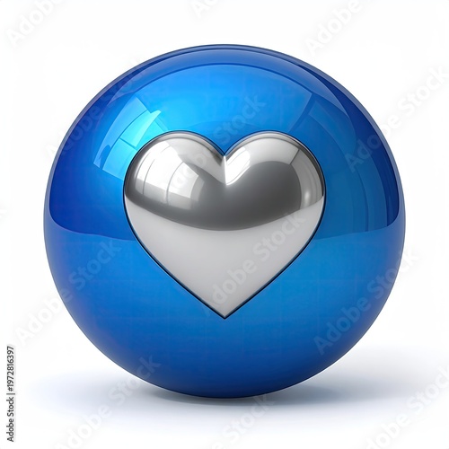 Glossy blue sphere with metallic heart 3D render of a love symbol smooth orb with heart shape modern design digital art shiny surface