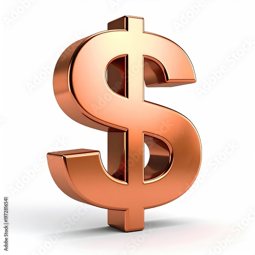 Glossy copper dollar sign with strong studio lighting financial symbol 3D render on white backdrop for graphic design and stock use