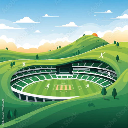 Cricket players compete in a stadium set amidst rolling green hills under a blue sky.