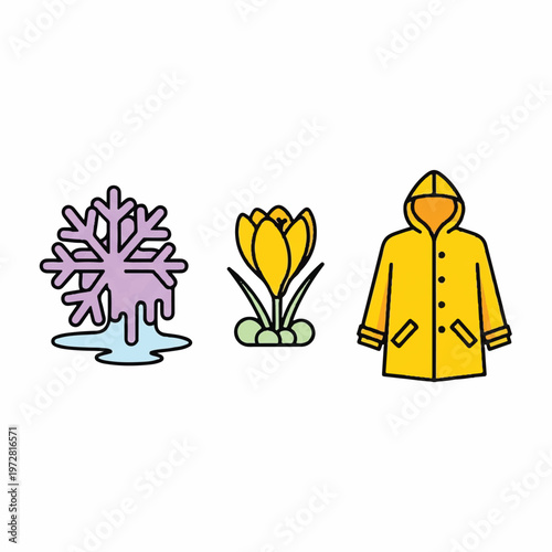 Seasonal change illustrated with snowflake melting into puddle beside blooming tulip and person wearing raincoat.