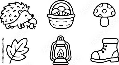Black and white line art hedgehog mushroom basket lantern boot autumn icons