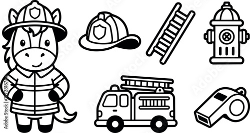 Cartoon horse firefighter with fire truck helmet ladder hydrant and whistle