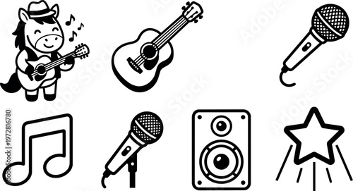 Black and white cartoon horse playing guitar with music notes and microphone vector icons
