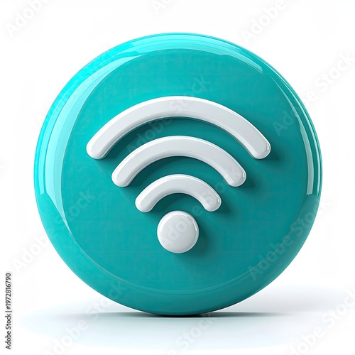 Glossy cyan wifi symbol on white backdrop: 3D render of a modern wireless internet connection icon with smooth surface and digital feel