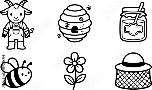 Beekeeper goat honeycomb honey jar bee flower and hat