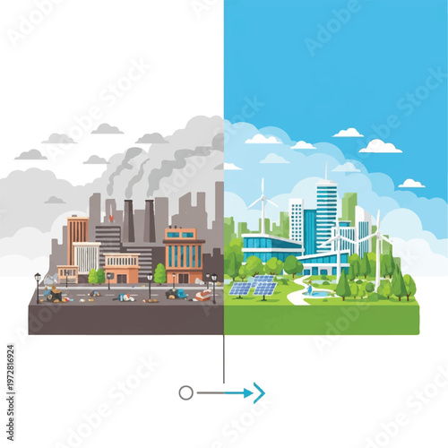 A polluted cityscape transforms into a clean and green urban environment with solar panels and wind turbines.
