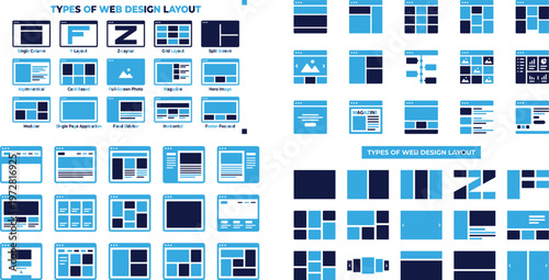 Web design layout templates and examples in blue and dark blue.