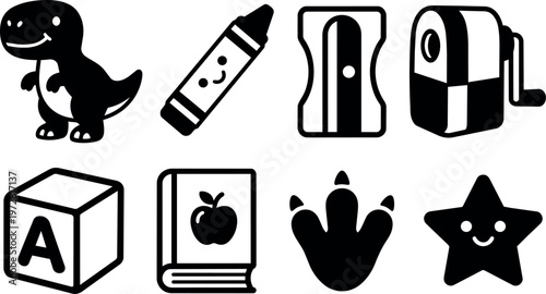 Black and white cute dinosaur crayon sharpener block book and star vector art